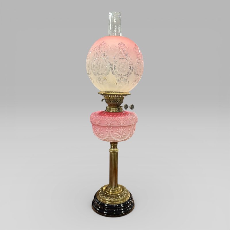 Antique Victorian Cranberry Etched Glass Oil Lamp With Brass Column - Image 3